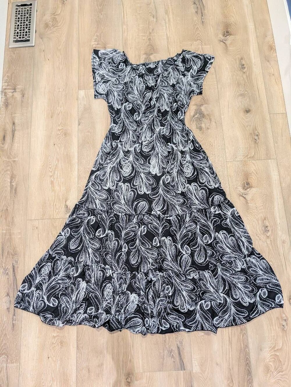 Style & Co Black White Paisley Tiered Maxi Dress Women's Large Boho Gypsy